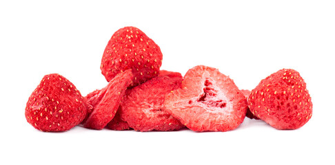 Dry strawberry isolated on white background. Dehydrated strawberries chips.