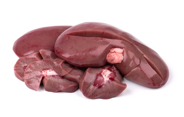 Pork kidney isolated on white background. Closeup. Raw pig kidney.