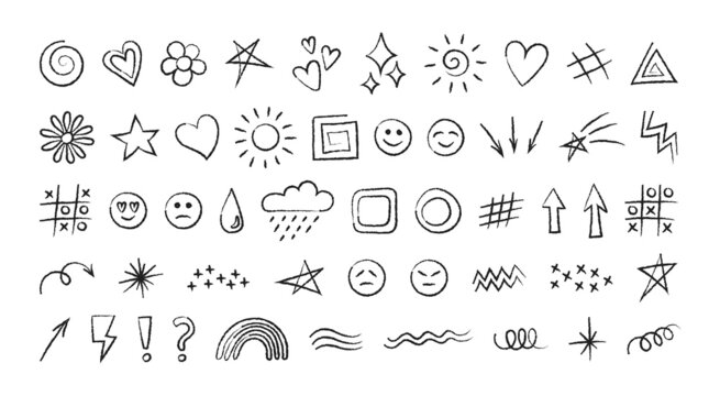Big set of hand drawn cute doodles for kids. Decorative elements - flowers, stars and weather. Collection of vector illustrations isolated on white background - hearts, smilies, arrows and so on.