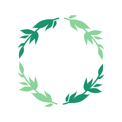 Leaves circular green frame from branches and leaves, simple wreath design. Vector flat leafy ornament, green round frame design template from leaves. Can be used for highlights for social networks.