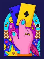 Acid poster with a hand holding playing cards. The concept of gambling, betting, casino and poker. techno futuristic design. Hand drawn vector illustration in trendy colors. Colorful flat design.