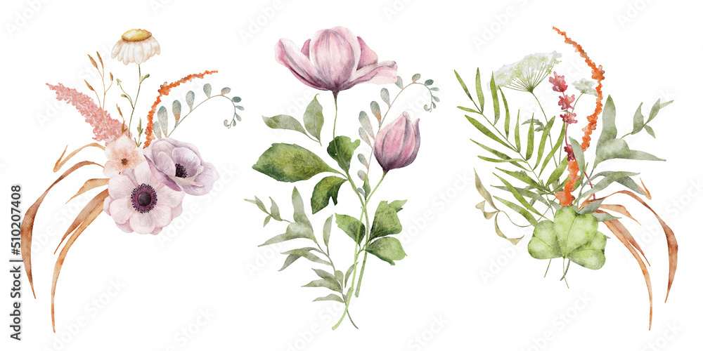 Wall mural wild flowers watercolor bouquet botanical hand drawn illustration