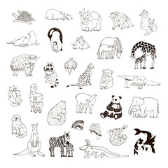 Animals with babies vector line illustrations set