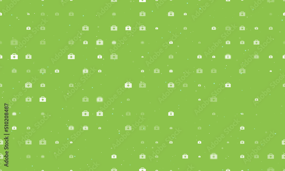 Poster seamless background pattern of evenly spaced white first aid symbols of different sizes and opacity.