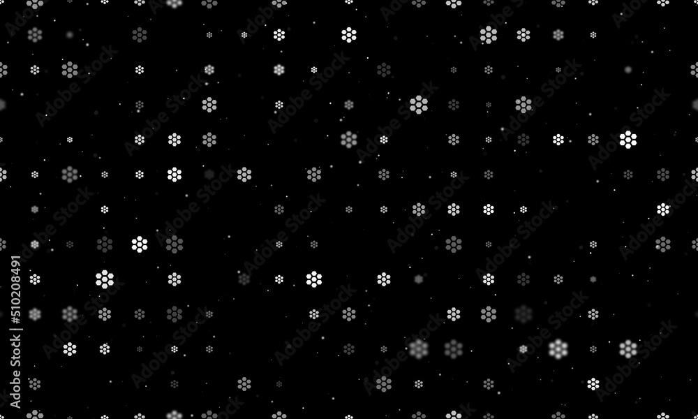Poster seamless background pattern of evenly spaced white hive symbols of different sizes and opacity. vect