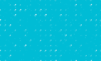 Seamless background pattern of evenly spaced white satellite symbols of different sizes and opacity. Vector illustration on cyan background with stars