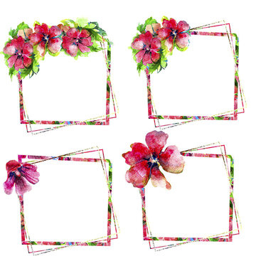 Square sublimation frames. Handmade watercolor red flowers. Colorful floral composition for printing on fabric, mugs and postcards.