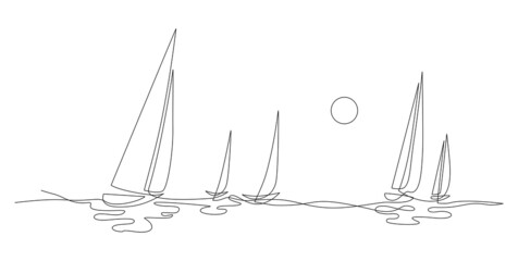 Yachts on sea waves. Seagull in the sky. Draw one continuous line. Illustration. Isolated on white background
