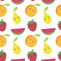 Cute summer pattern with kawaii fruit. Seamless baby pattern. Bright and positive fruit characters.
