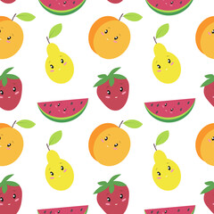 Cute summer pattern with kawaii fruit. Seamless baby pattern. Bright and positive fruit characters.