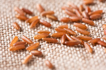 closeup of raw red rice seeds on sack