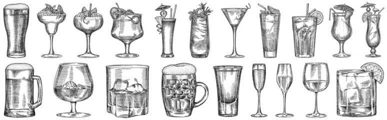 black and white engrave isolated drink set illustration - obrazy, fototapety, plakaty