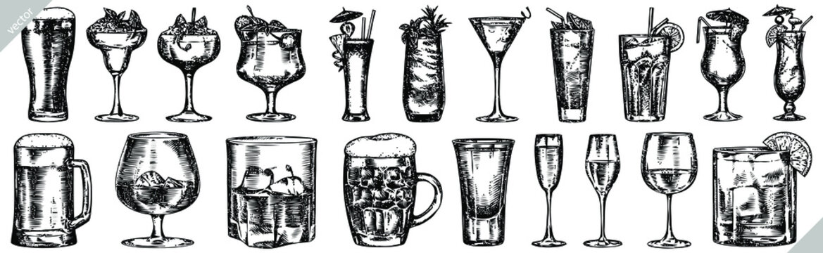black and white engrave isolated drink set vector illustration