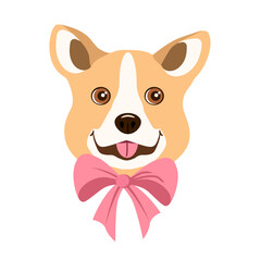 Portrait of a corgi dog with a bow, isolated on a white canvas.Vector illustration of an animal for children's textiles, postcards.