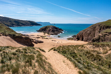 Aerial view of the Murder Hole beach, officially called Boyeeghether Bay in County Donegal, Ireland
