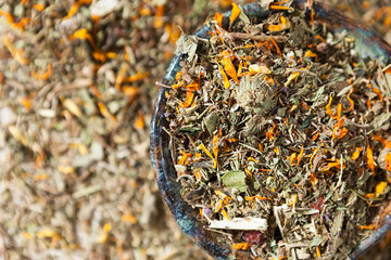 herbal tea, dried medicinal herbs on a white background, herbal medicine