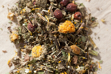 herbal tea, dried medicinal herbs on a white background, herbal medicine