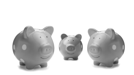 Grey ceramic piggy banks on white background