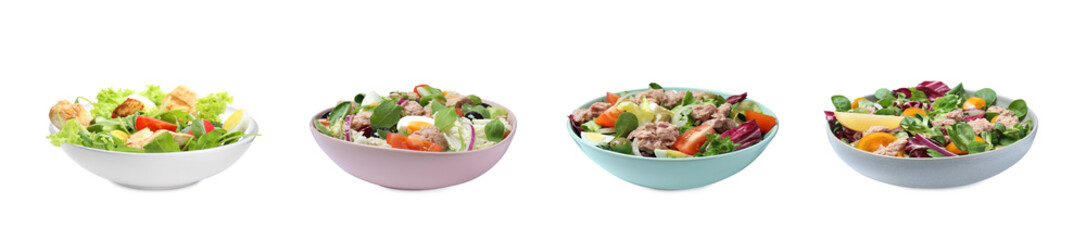 Set with different tasty salads on white background. Banner design