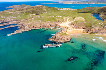 Aerial view of the Murder Hole beach, officially called Boyeeghether Bay in County Donegal, Ireland