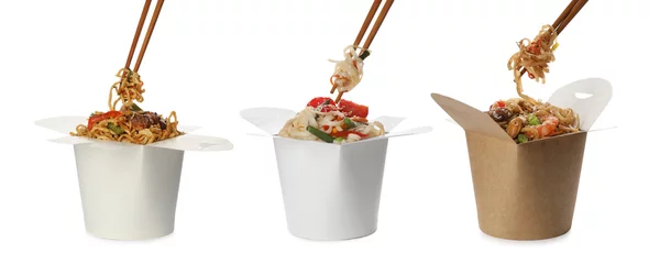 Photo sur Aluminium Légumes frais Set with boxes of tasty wok noodles on white background. Banner design
