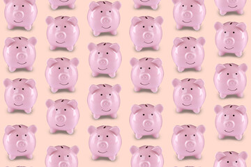 Bright piggy bank pattern on beige background