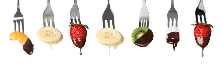 Fondue forks with tasty fruits and marshmallow dipped into chocolate on white background, collage....