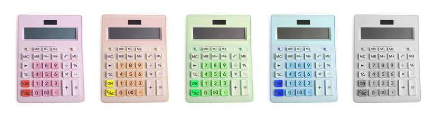 Set with multicolored calculators on white background, top view. Banner design - obrazy, fototapety, plakaty