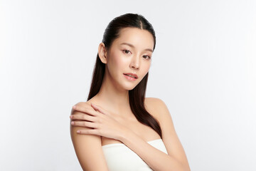 Beautiful young asian woman with clean fresh skin on white background, Face care, Facial treatment, Cosmetology, beauty and spa, Asian women portrait.