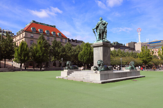 Stockholm, Sweden - September 1, 2019: Statue of the Swedish king Charles XIII located in the Kungstradgarne park.