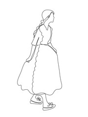 The portrait of an elegant women in maiden dress is drawn in one line art style. Printable art.