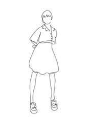 The portrait of an elegant women in dress is drawn in one line art style. Printable art.