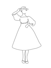 The portrait of an elegant women in dress is drawn in one line art style. Printable art.