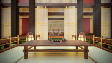 3D Rendering of Quaint Modern Chinese Tea House in a Bamboo Grove