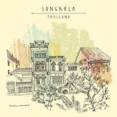 Vector Songkhla, Thailand postcard. Old town houses street view. Historical buildings in Songkhla province in the South Thailand. Travel sketch. Hand drawn vintage poster