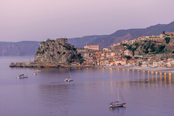 Scilla is a town in purple coast of Calabria, Italy. It is the traditional site of the sea monster Scylla of Greek mythology. - obrazy, fototapety, plakaty