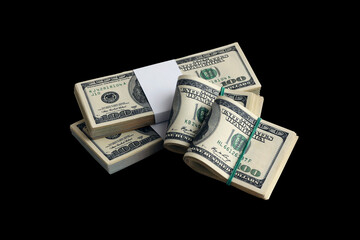 Bundle of US dollar bills isolated on black. Pack of american money with high resolution on perfect...