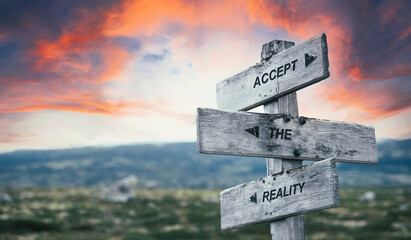 accept the reality text quote caption on wooden signpost outdoors in nature with dramatic sunset...