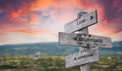 love acceptance approval text quote caption on wooden signpost outdoors in nature with dramatic...