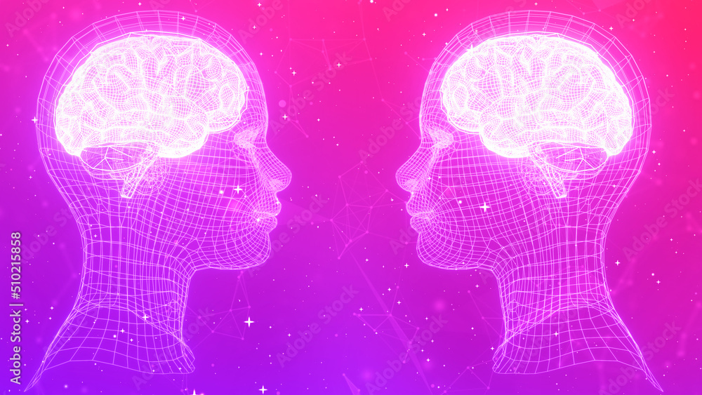 Poster two wireframe brains portrait facing each other with star and nodes tech backdrop. cosmic and futuri