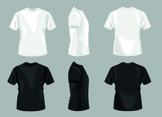 Stylish t-shirts on grey background, view from different angles