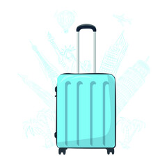 Tourist's luggage and different landmarks on white background. Travel concept
