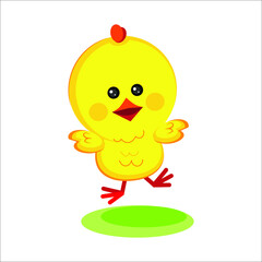 Cute jumping yellow chick on white background