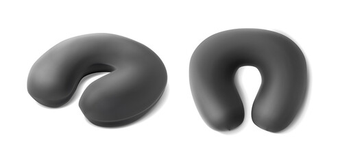 3d realistic vector icon set. Gray travel half round neck pillow in front and side view.