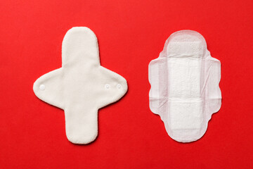 set of colorful bright reusable menstrual pads. zero waste woman periods concept top view with copy space