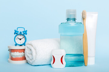 Mouthwash and other oral hygiene products on colored table top view with copy space. Flat lay. Dental hygiene. Oral care kit. Dentist concept