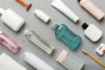 Mockup for bathing products top view flat lay, spa razor, toothpaste, soap, gel and other various accessories. Cosmetics for skin health. Bath Mockup for your logo