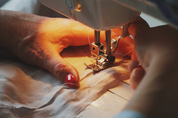 Fototapeta Photo of woman's hands in process of sewing linen dress using automatic sewing machine obraz