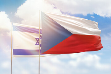 Sunny blue sky and flags of czechia and israel