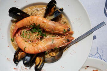 The seafood with shrimp and mussels on the table.
